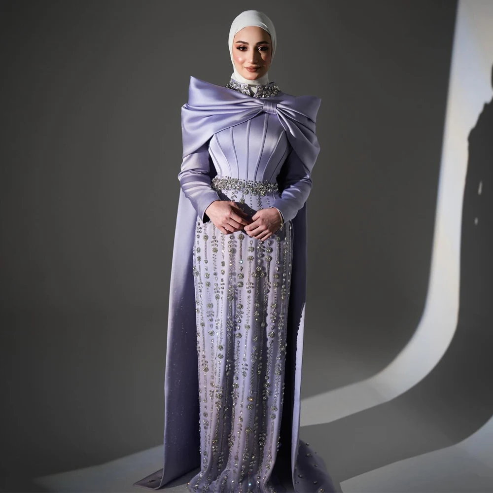 

Customized Sequin Embroidery Muslim Evening Dress with Cape Crystal Neckline Long Sleeve Hijab Engagement Gowns