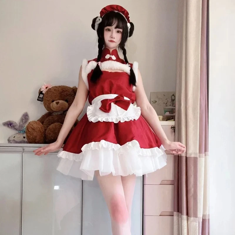 

Christmas Princess Costume Sweet And Cute Lolita Dress Japanese Style Two-dimensional Sexy Red Maid Uniform Holiday Party Dress