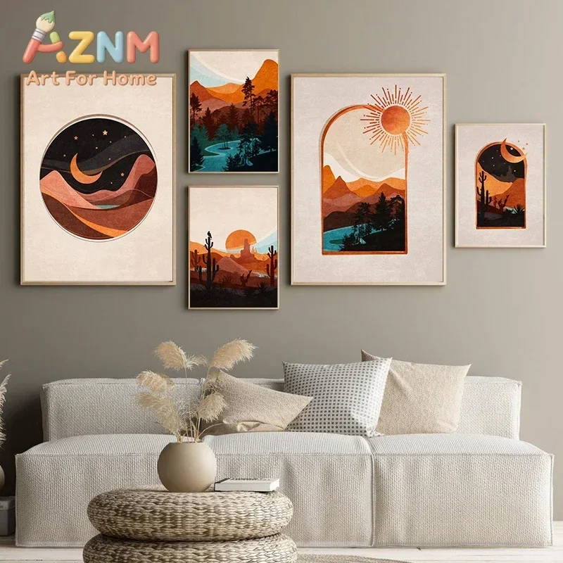 AZNM Boho Desert Mountain Canvas Wall Art Sun Moon Cactus Terracotta Abstract Landscape Art Print Unframed Canvas Poster for Hom
