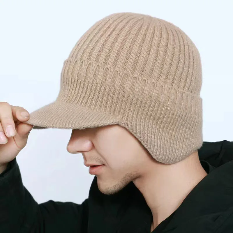 Men Winter Knitted Hat Outdoor Cycling Windproof Ear Protection Warmth Peaked Cap Thick Plus Fleece Baseball Cap 54-58cm