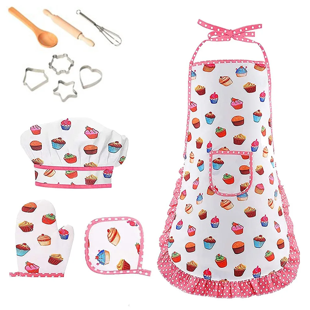 4/11Pcs Kids Cooking Apron Gloves Hat Set Pink Easter Halloween Child Chef Kitchen Baking Tool Play House Toys