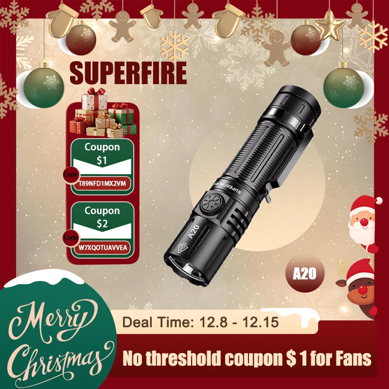 SUPERFIRE A20 EDC Flashlight Type-c Rechargeable 21700/18650/3AAA Battery Portable Tactical Torch for Camping Emergency lighting