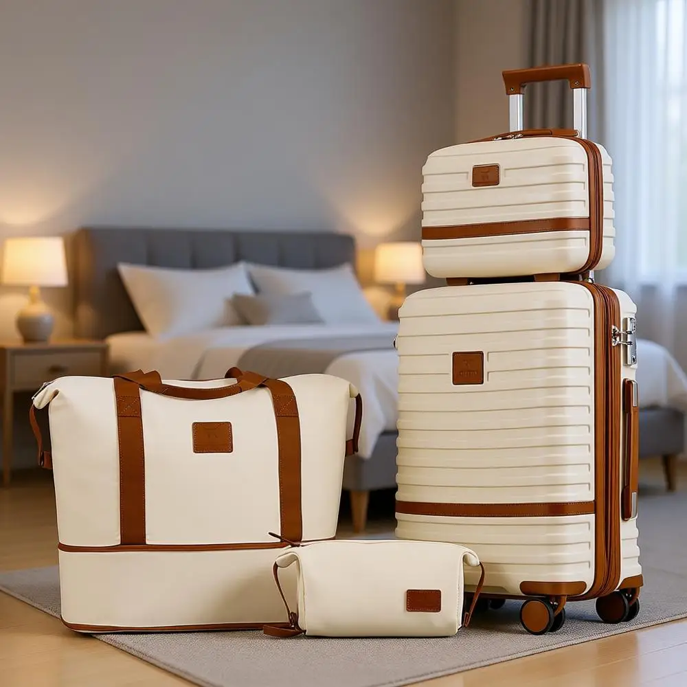 

20-дюймовый расширяемый чемодан-спиннер, набор из 4 предметов жесткого багажа с замком TSA (белый/коричневый)