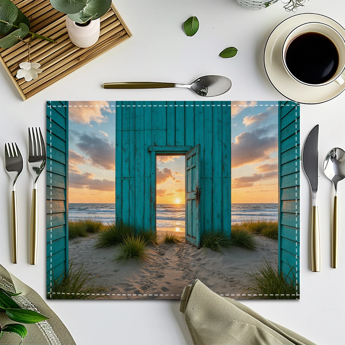 Cute Summer Swimming Cat Pattern Polyester Placemats, Decorative Dining Table Mats for Daily Home and Party Table Use
