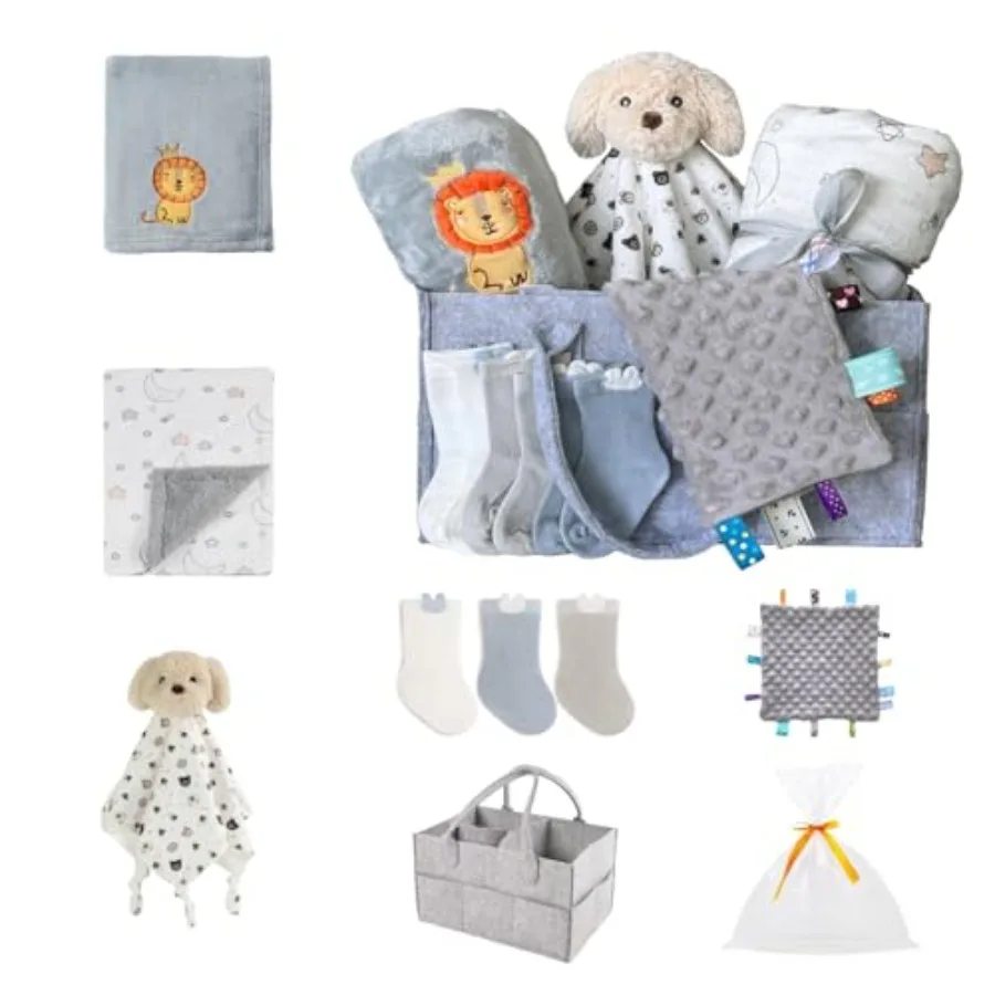 

Gift Set for Newborns -Diaper Caddy Organizer Basket with 2 Blankets, 1 Taggie, 1 Lovey, 3 Socks 1 Gift Bag with Ribbon - Welco