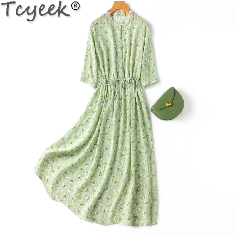 Tcyeek 100% Mulberry Silk Dress for Women Elegant and Pretty Women's Dresses A-line Beach Dress Summer Clothes Vestido Mujer