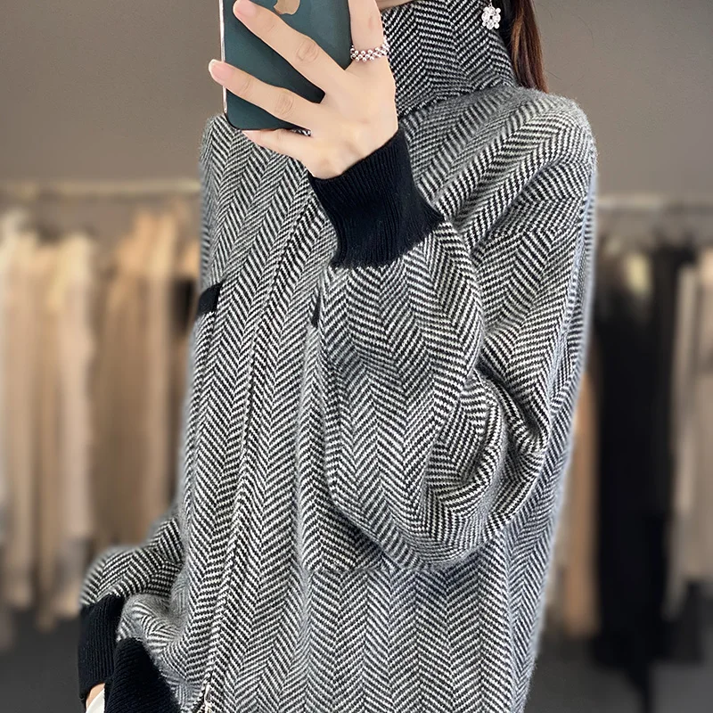 Women\'s cardigan 100% Australian wool sweater color matching knitted high neck full sleeve jacket Women\'s new pure wool sweater