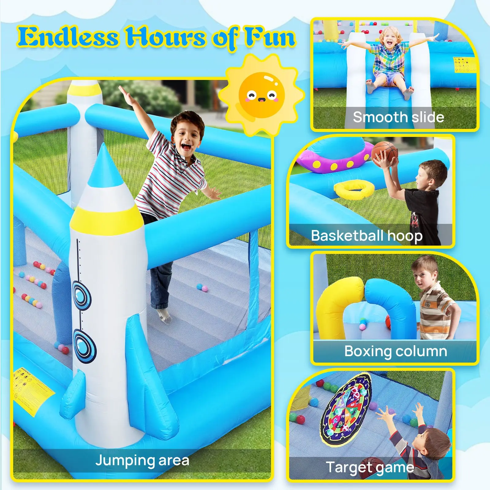 Multifunctionele Jump 'n Slide Springkussen voor kinderen Complete installatie met ventilator - 198" x 180" speelruimte - 96" hoog