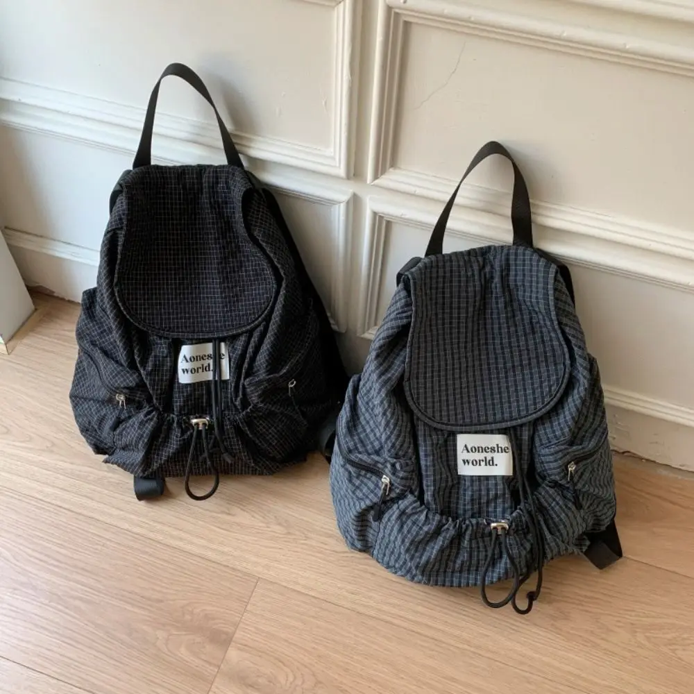 

Korean Solid Color Drawsting Backpacks Korean Plaid Ruched Shoulder Bags Casual Light Weight Student Schoolbag Outdoor
