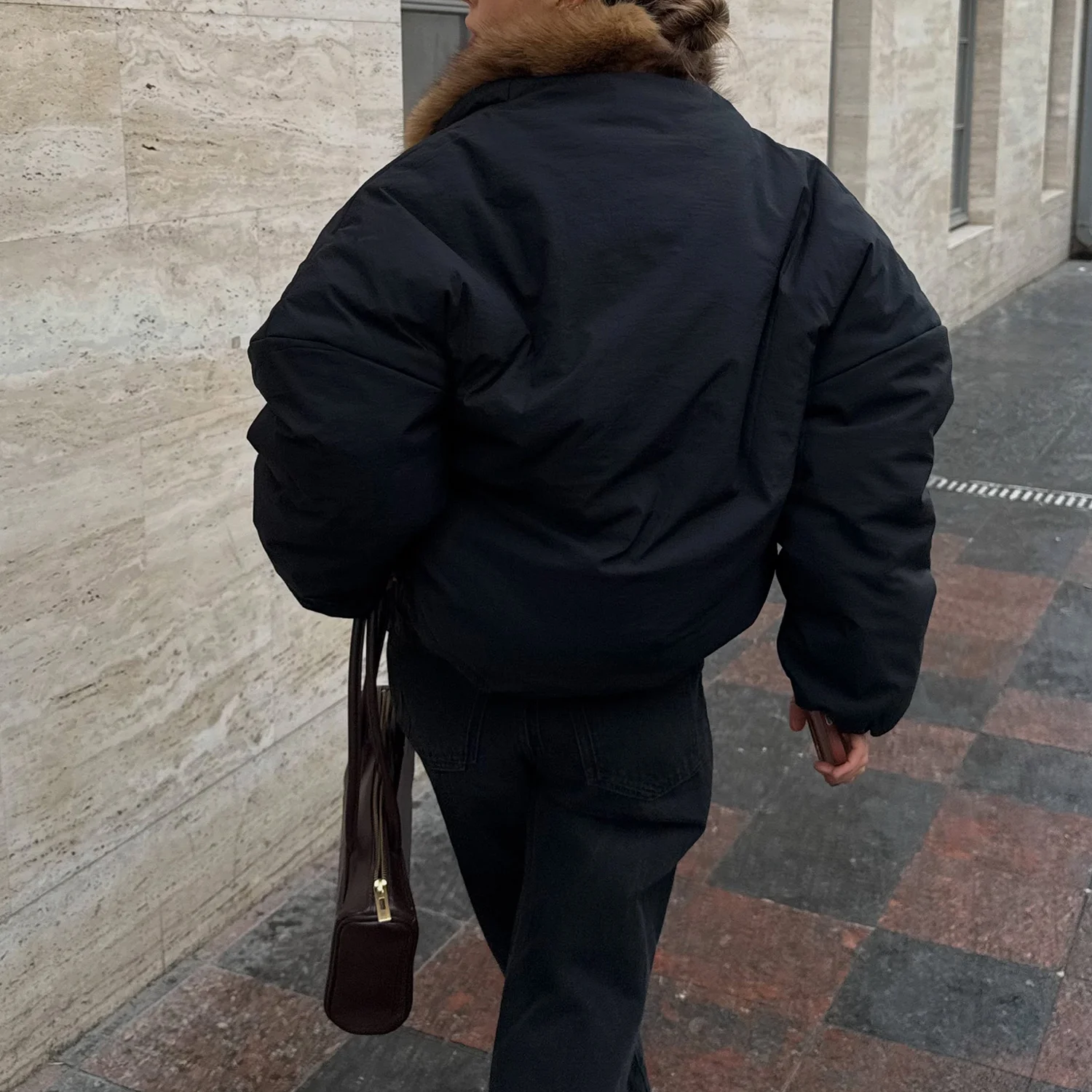 PUAL  Women Winter Black Parka Large Brown Faux Fur Collar Warm Loose Thick Coat Fashion Outerwear