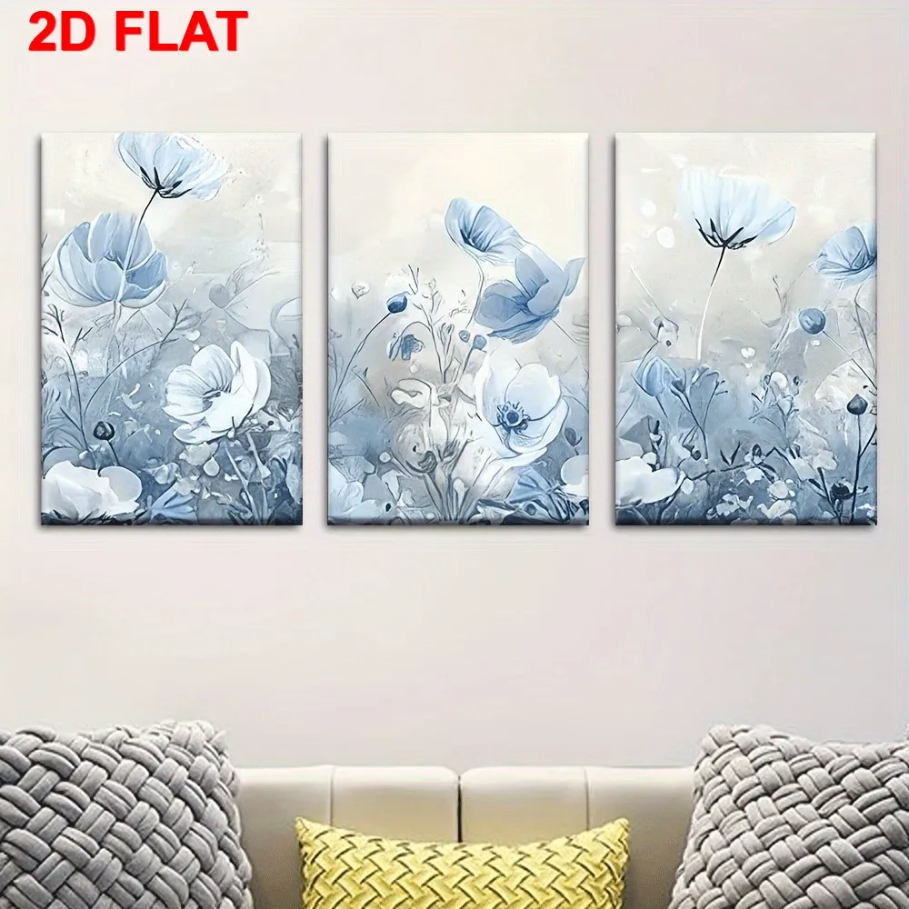 2D FLAT 3pcs -- Serenity Blue and White Floral Theme Canvas Wall Art  Painting, Suitable for Easter, Mother's Day, Mardi Gras