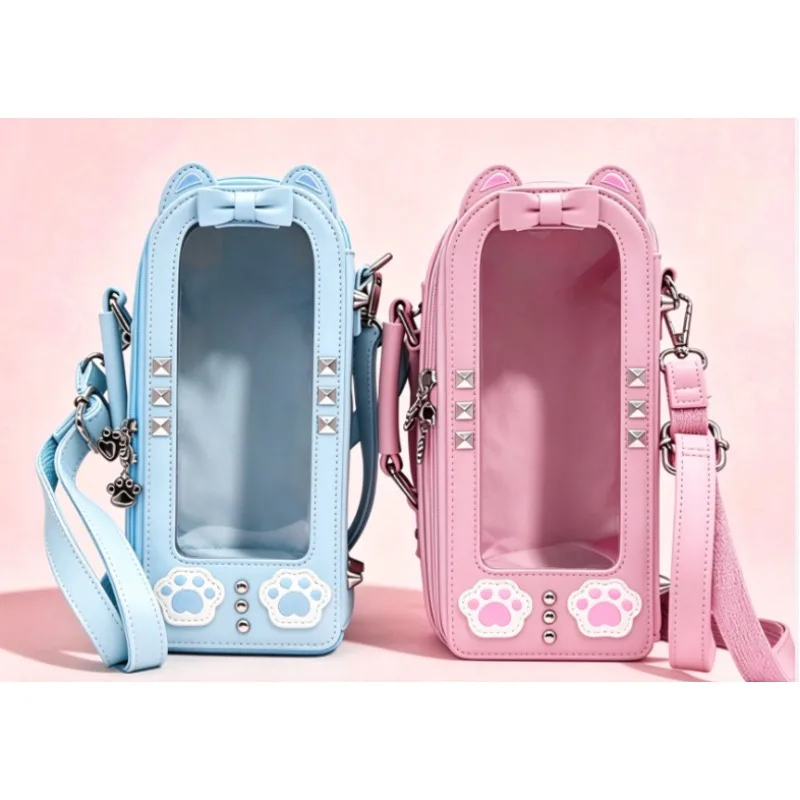 Cute Cat Ear Doll Crossbody Bag, Doll Display Carrier Bag for 1/8 BJD MJD OB11 Action Figure, Transparent Window Doll Travel Bag
