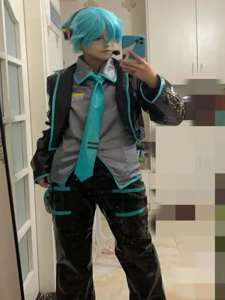 ミクオコスプレ衣装ウィッグフルセット黒革布生地スーツミクオ男性