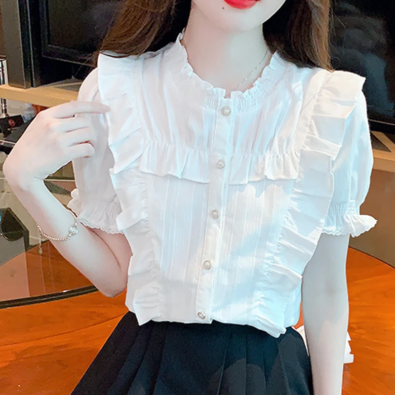 Elegant Summer Ruffle Lace Blouse Woman Casual Puff Short Sleeve French White Shirt Ladies Tops Sweet Women Clothes Blusas 27473