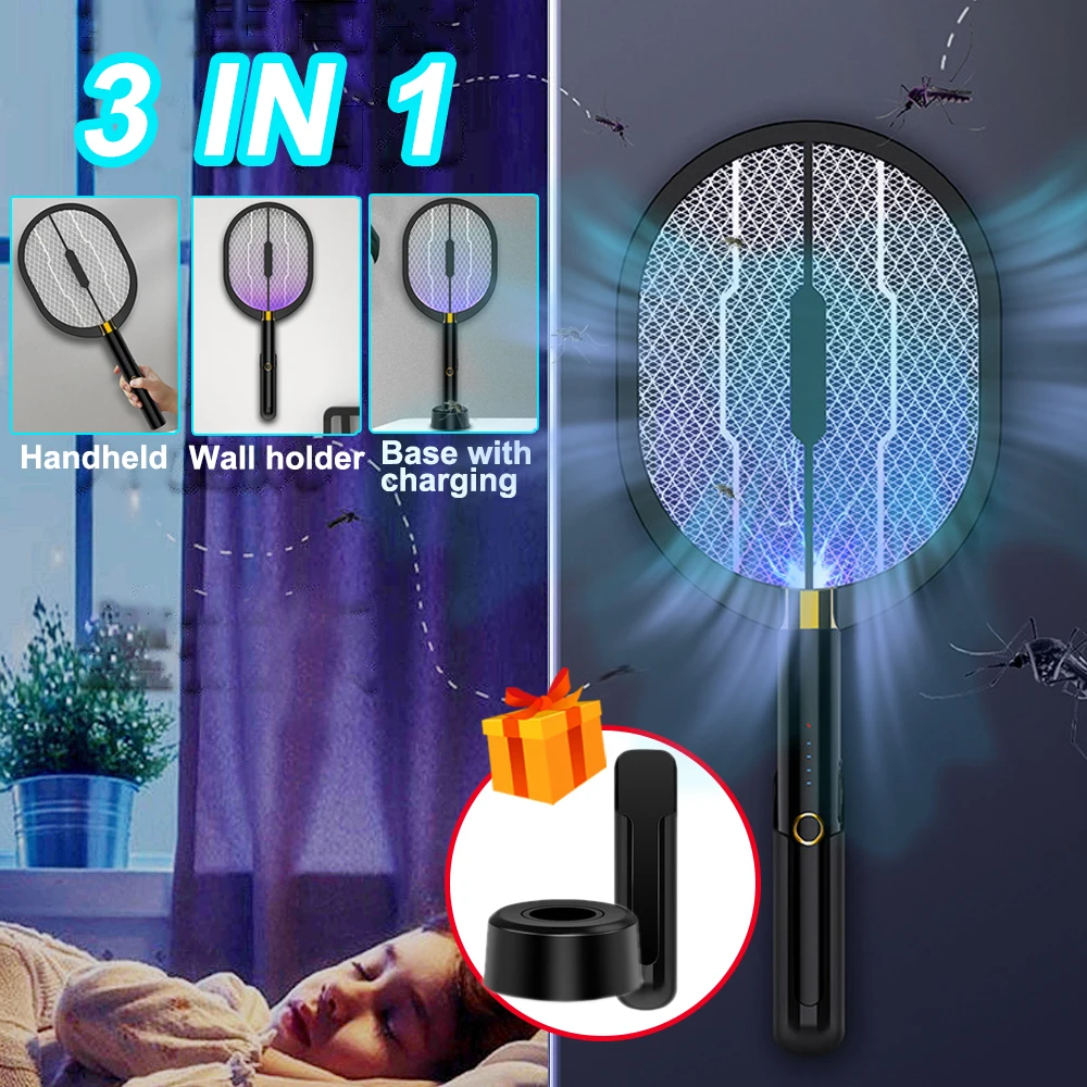 3 IN 1 LED Mosquito Killer Lamp 3000V Electric Bug Zapper Insect Killer USB Rechargeable Fly Swatter Trap Anti Mosquito Flies