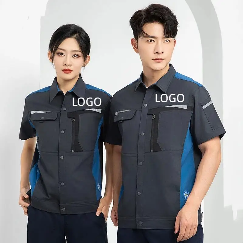 

Комплект спецодежды с короткими рукавами, мужской эластичный логотип с принтом, дышащая электронная заводская мастерская, авторемонтная механическая одежда