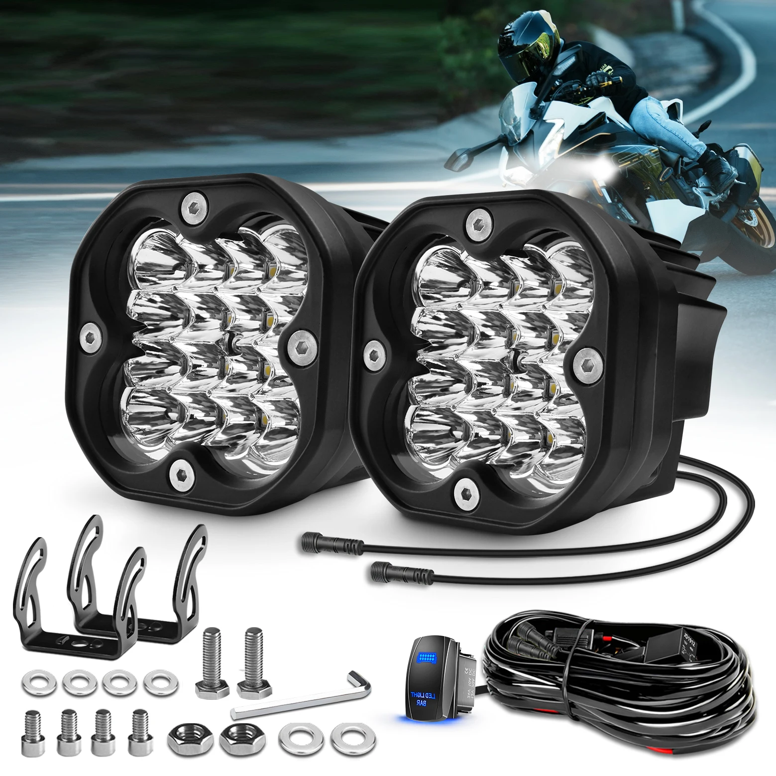 

3inch LED Light Pods Kit with Rocker Switch Wiring Harness Spot LED Driving Lights 6000K for Offroad/Truck/Pickup/Motorcycle/UTV