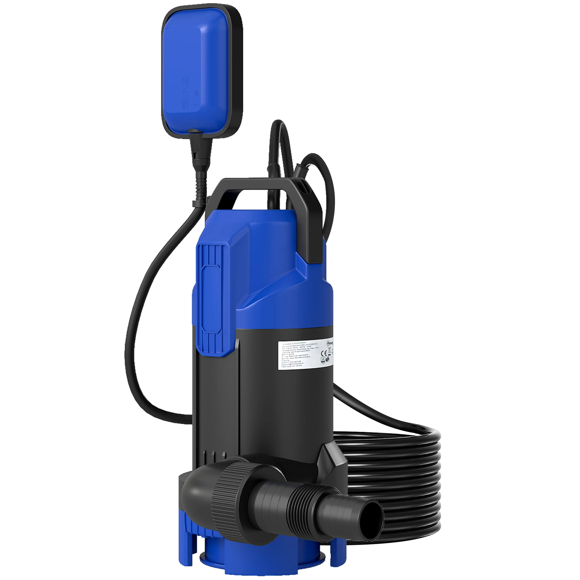 Outsunny Pompe d'évacuation eaux chargées/propres débit 20000L/H 750W, profondeur max. 7m, pour eaux sales avec particules jusqu'à 35 mm, pompe de relevage eaux chargées interrupteur à flotteur, noir