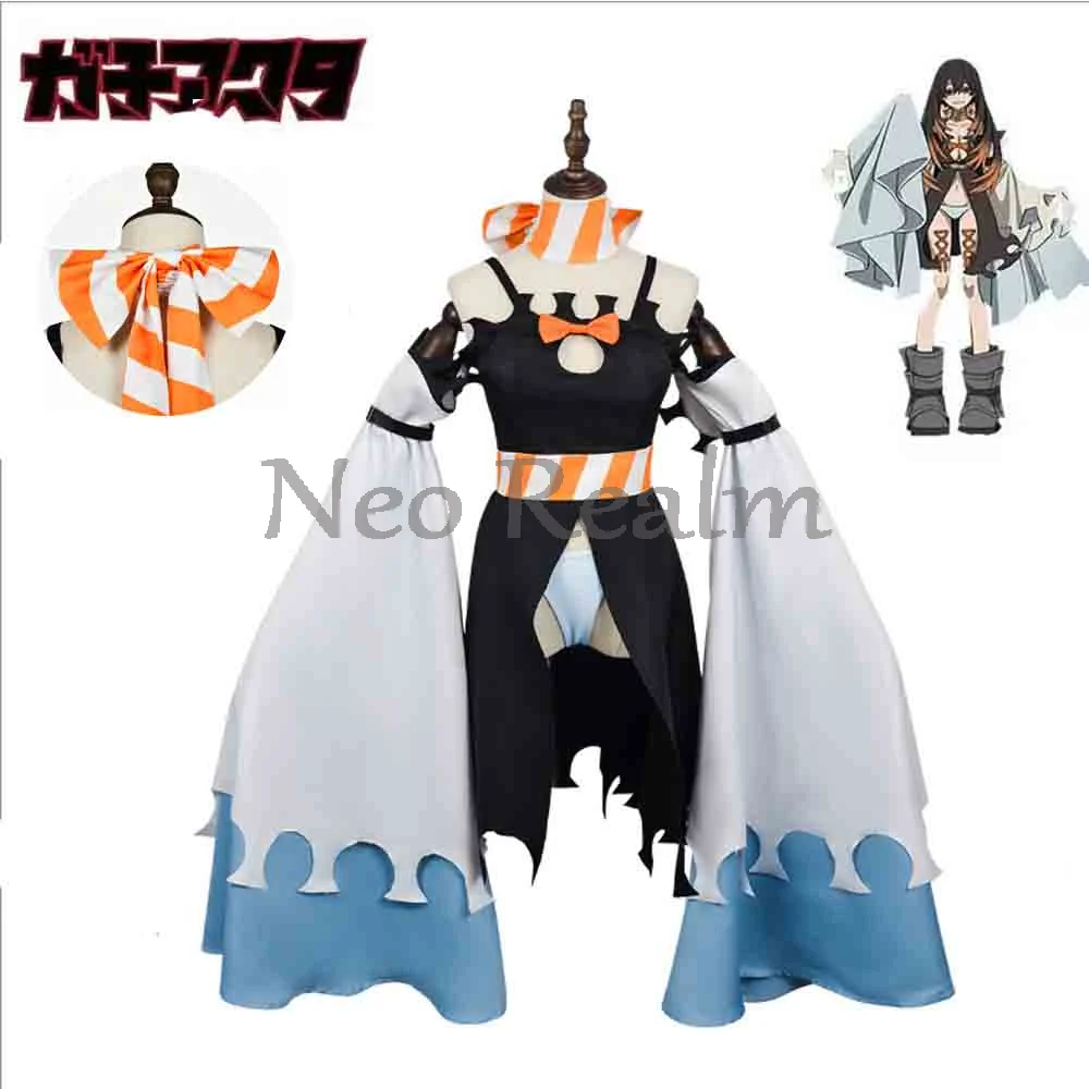 Damen Anime Cosplay Schwarzes Kleid mit Orange-Weiß Gestreiftem Kragen Schleife Abnehmbare Rüschenärmel Halloween-Party-Outfit Auf Lager