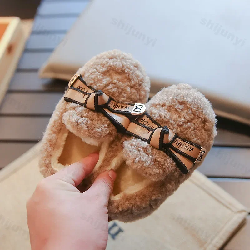 New Girls Winter Shoes Fashion Bowknot Mary Janes Shoes Children Cotton-Padded Shoes Warm Plush Kids Non-slip Flats Baby Toddler