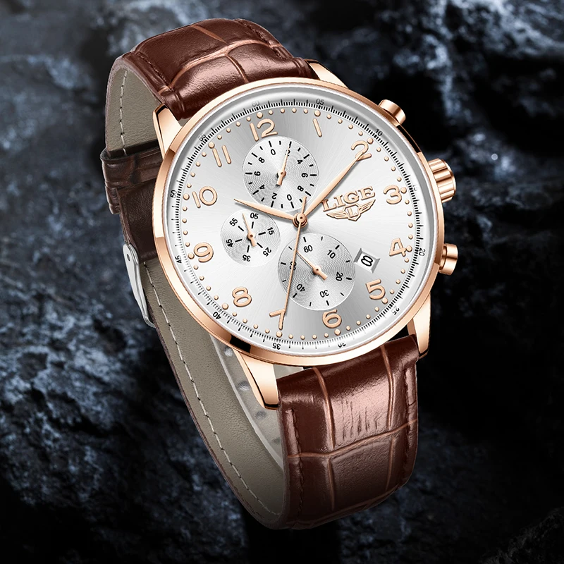 LIGE الرياضة الفاخرة الرجال ساعة كوارتز مقاوم للماء كرونوغراف تاريخ رجل ساعة اليد الأعمال جلدية ساعات رجالية ساعة Montre أوم