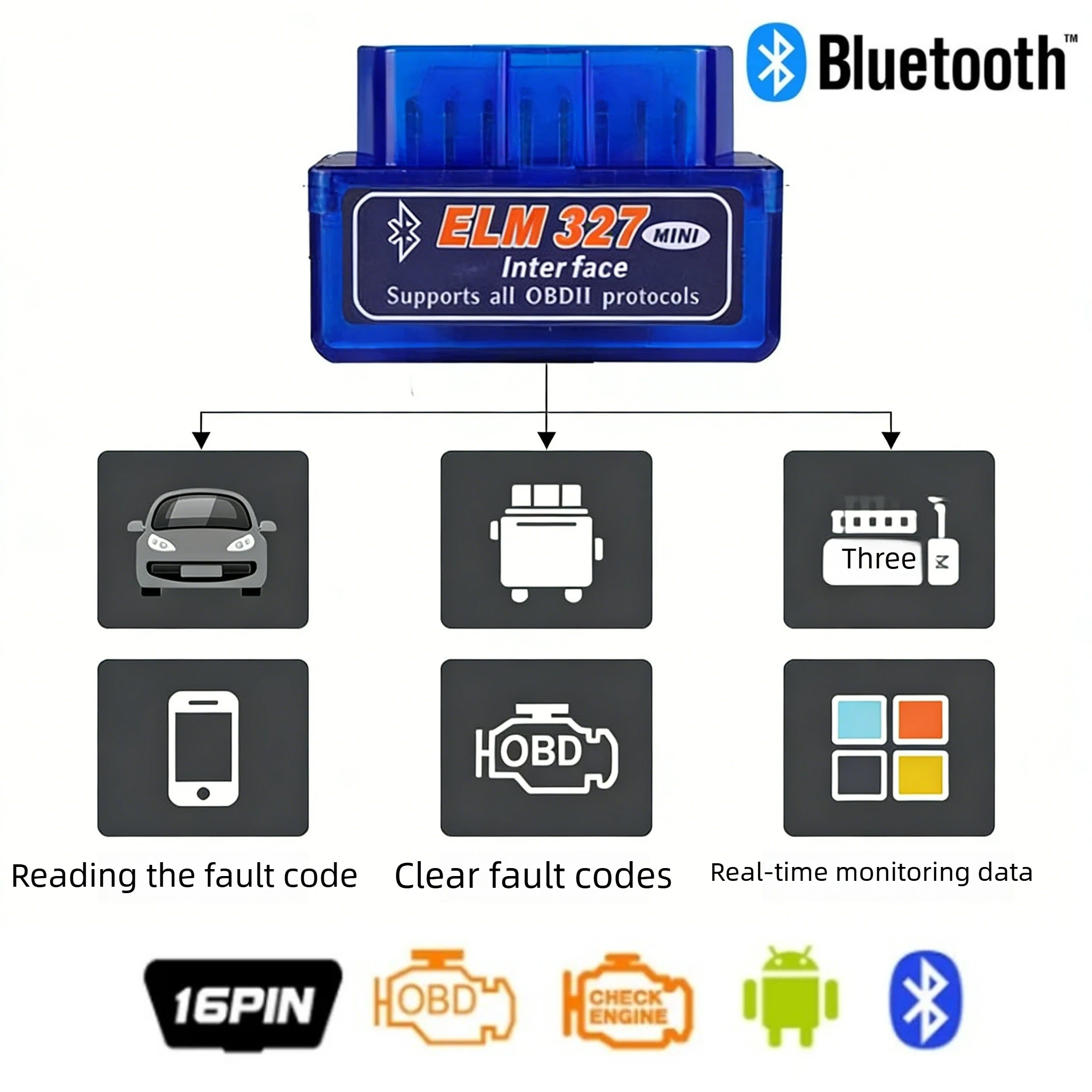 16 PIN ELM327 OBD2 Mini Scanner V2.1 Bluetooth OBDII Car Diagnostic Code Reader for Android Auto Engine Fault Check Tool