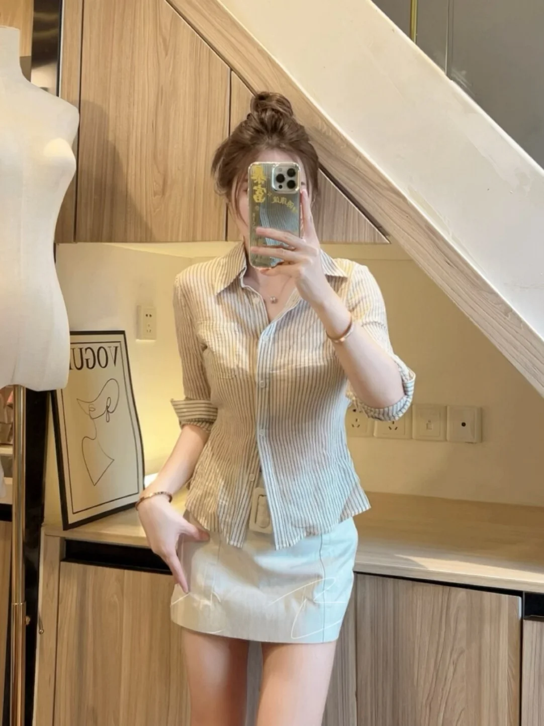

Slim Fit Striped Shirt Women's Long Sleeve Spring Summer New Style Feeling Thin Top High Waist Design Breathable Skin-F...