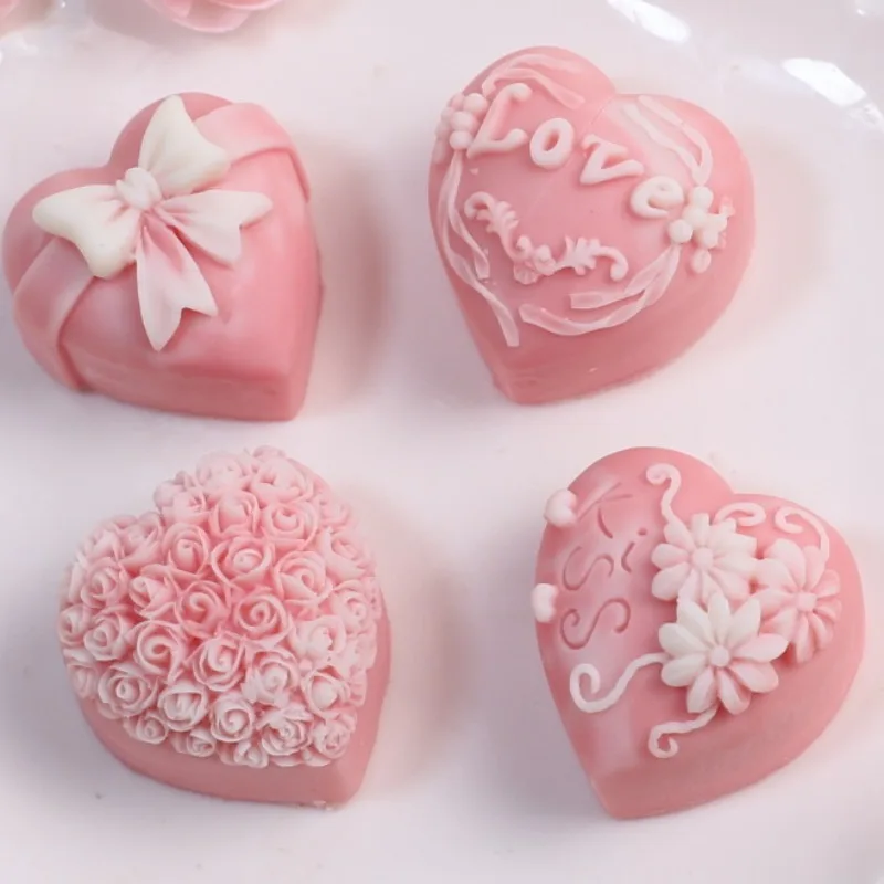 Relief Pattern Heart Candle Silicone Mold Love Rose Flower Soap Plaster Ice Cube Molds Wedding Chocolate Cake Decor Making Tool