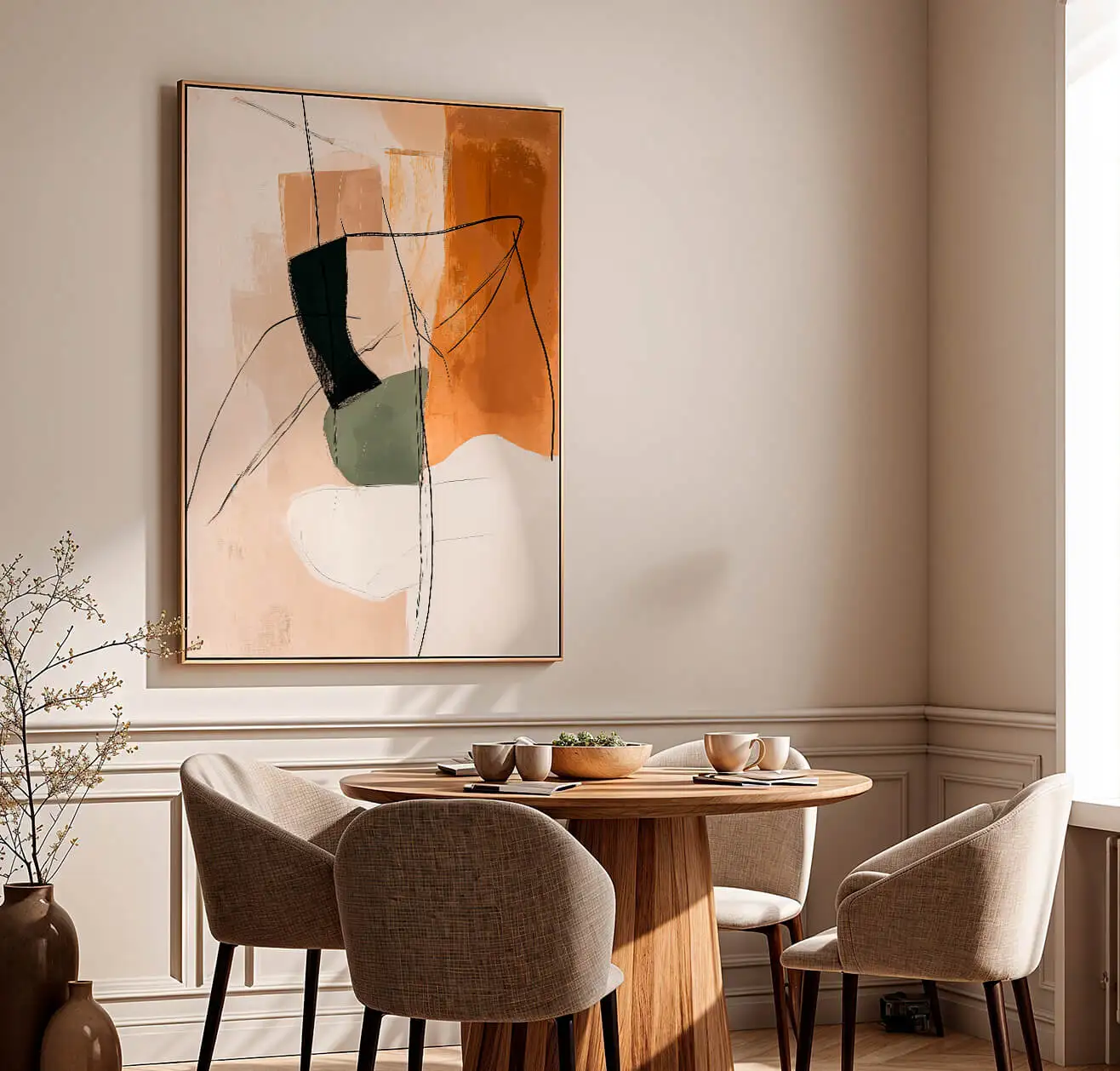 Large Warm Color Orange Blocks Canvas Painting Abstract Black Line Posters Wall Art Living Room Wall Decor Unframed