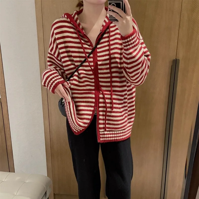 2023 Spring Autumn Striped Zipper Sweater Cardigan Women Loose Outwear Casual Latest Knitted Top Coat