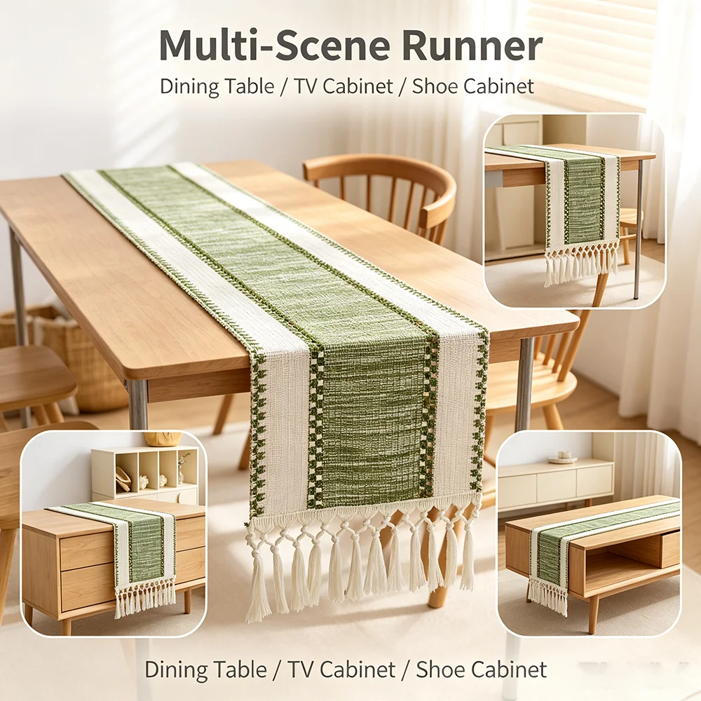 1 pc Korean Ins Green Tassel Table Runner, Polyester Striped Table Flag, Multipurpose Decor Cloth for Dining Table, TV Cabinet