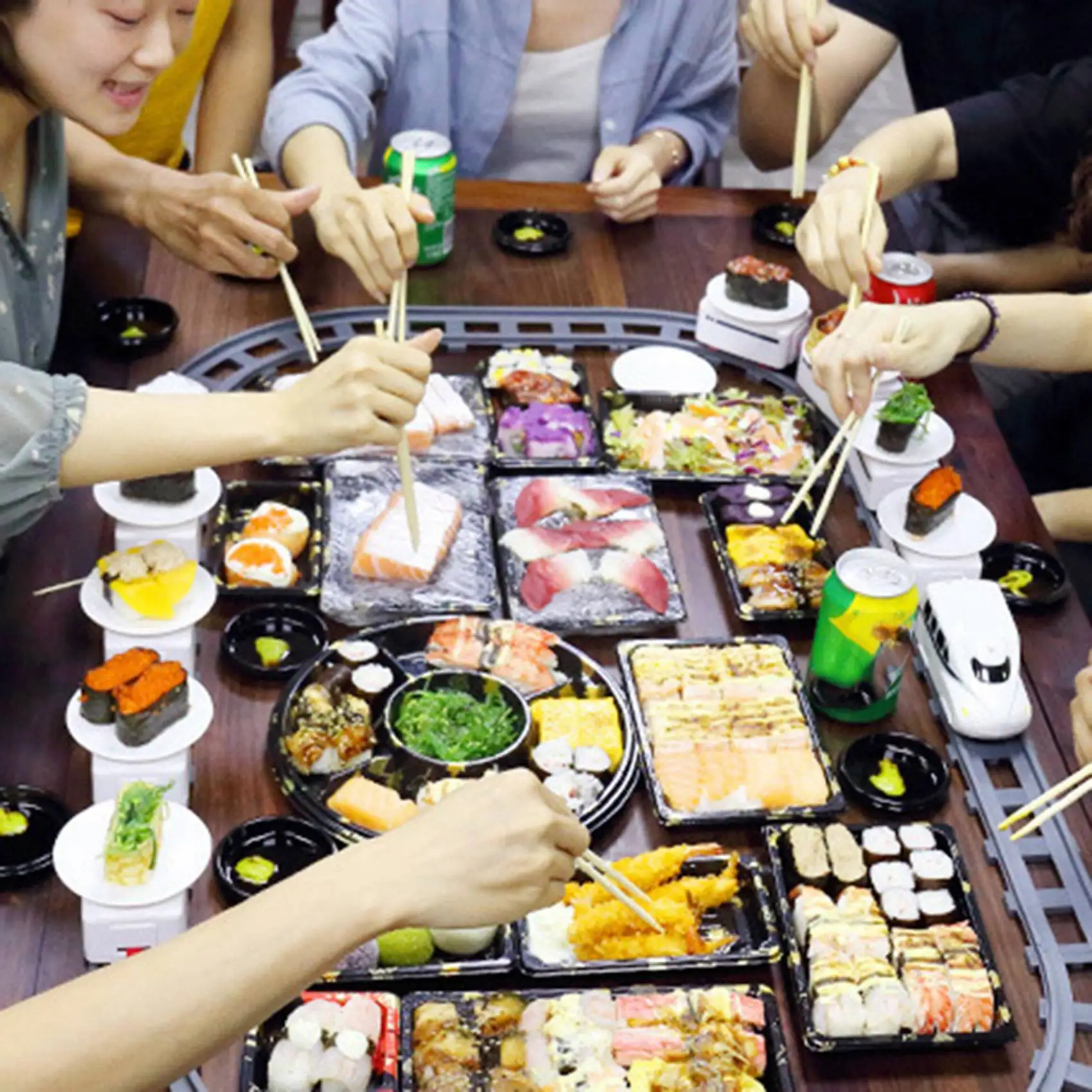 YSUN-2X Sushi Train Rotary Sushi  Track Conveyor Belt Rotating Table Kid Food Train Set DIY Sushi Making Family Party B
