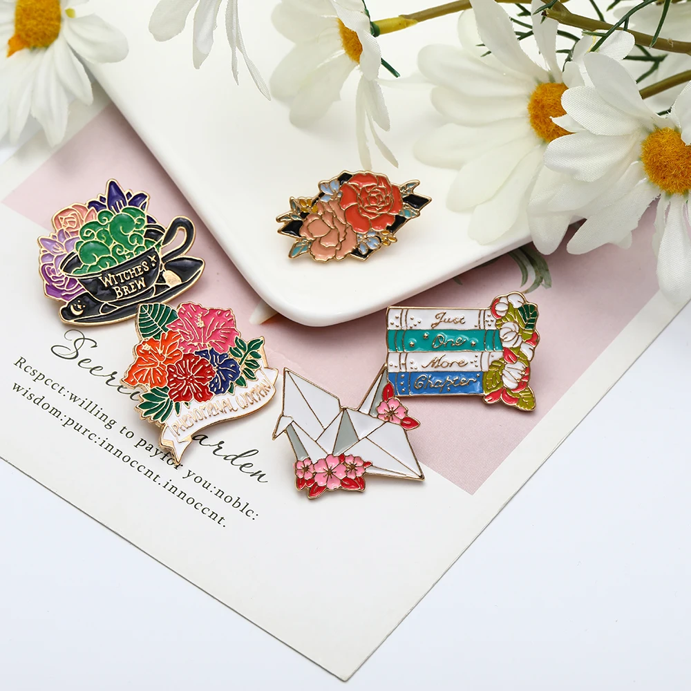 Phenomenal Woman Flower Enamel Pins Golden Just One More Chapter Book /Witches Brew Cup / Paper Cranes Metal Brooches