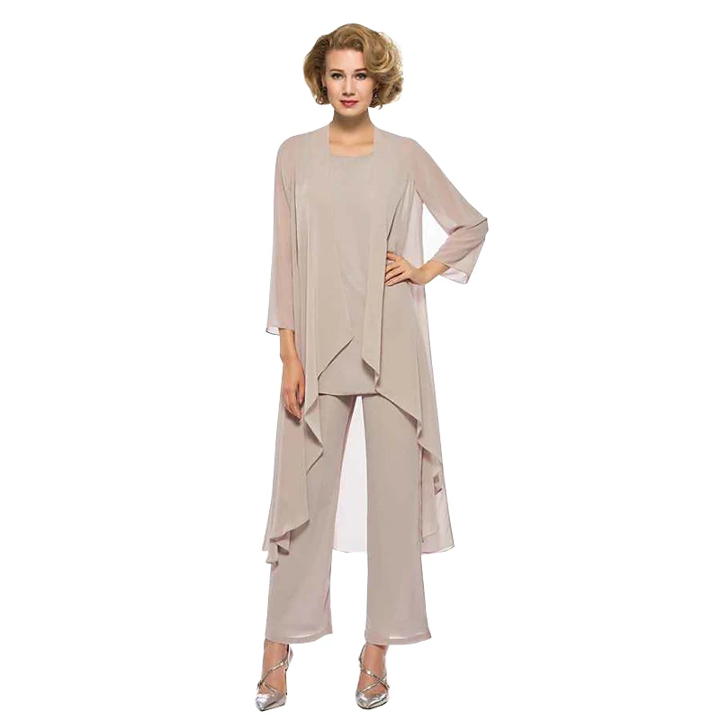 Customized Chic Mother of the Bride Pantsuit in Taupe Chiffon with 3/4 Sleeve Duster Jacket Wide Leg Pants Wedding Attire Women