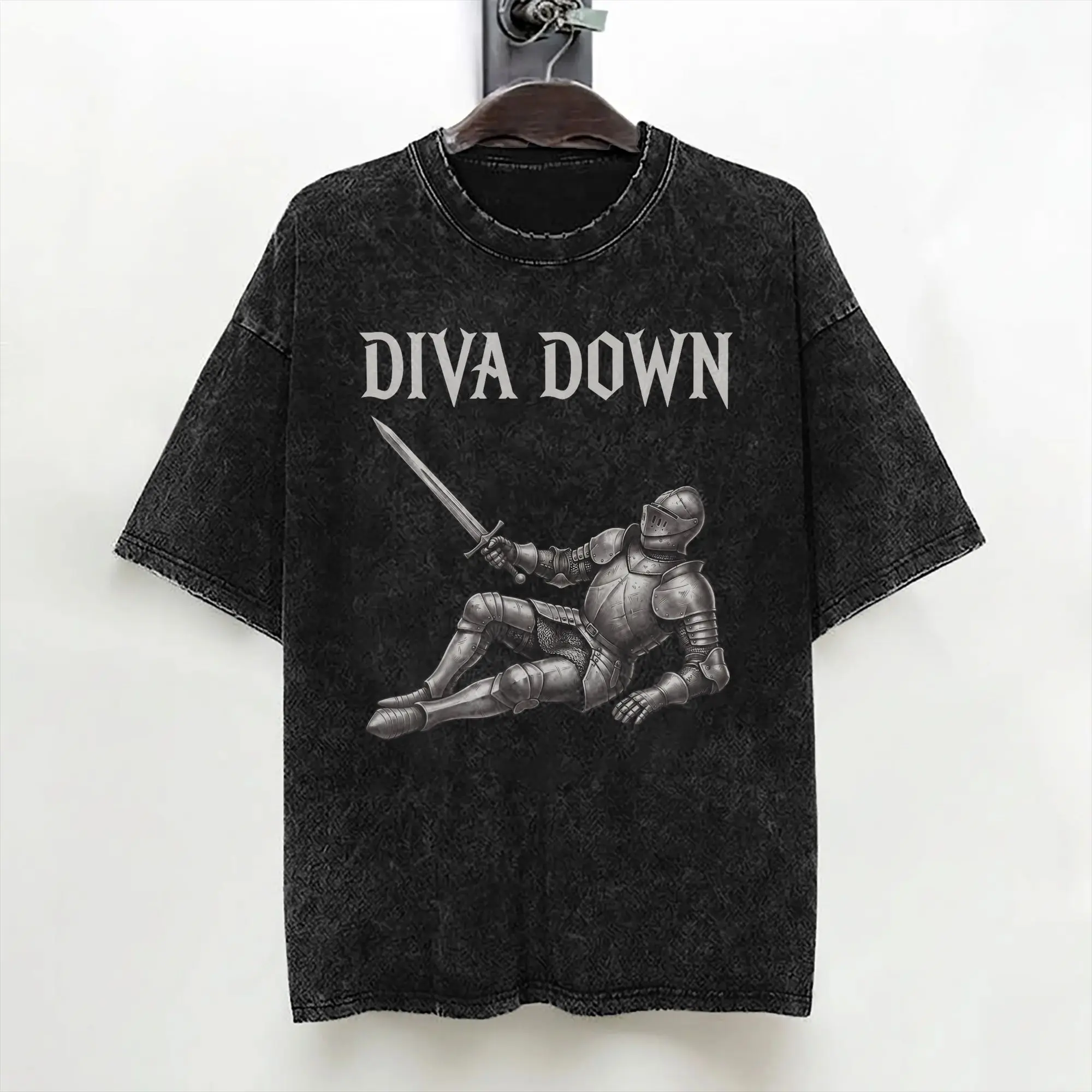 Washed T Shirts Diva Down Knight Meme Funny Humor Hip Hop Vintage T-Shirt Harajuku Streetwear 100% Cotton Tops Tees Men Women
