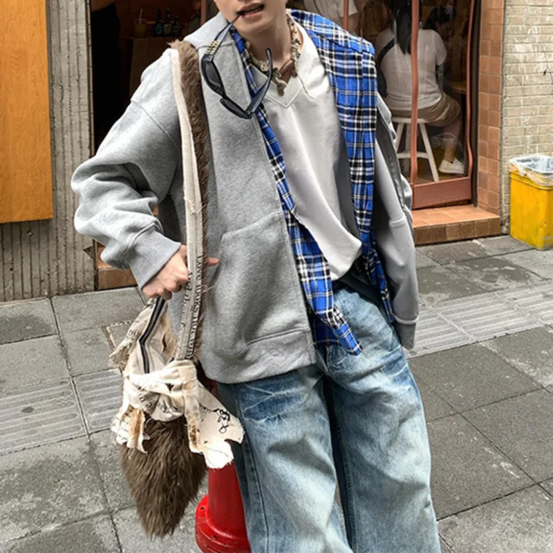 Y2K Harajuku Checkered Patchwork Sweatshirt Hoodie Jacket Men Punk Cardigan Usa Fake 2 Pcs Loose Autumn Unisex Casual Jacket New