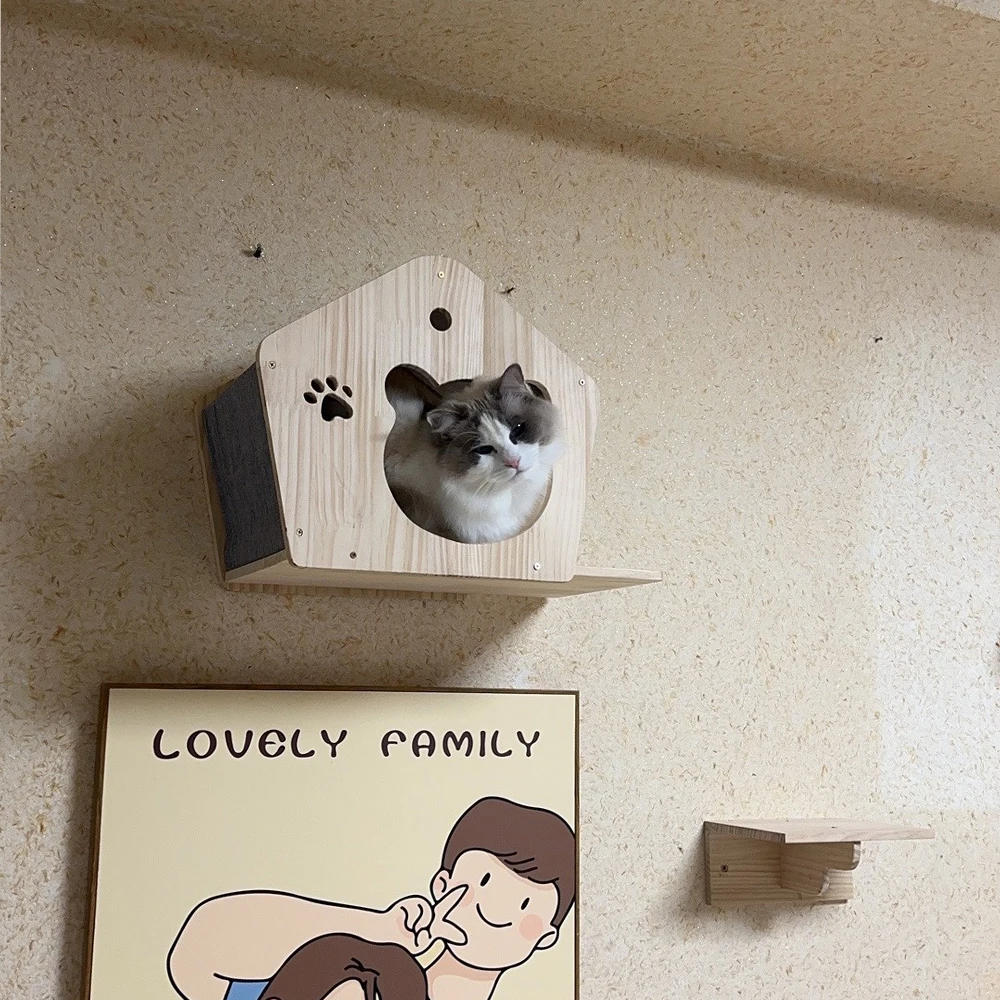 Wooden Wall Mounted Cat Climbing Shelves Cat House and Platform with Stairway for Kitten Playing and Sleeping Cat Accessories