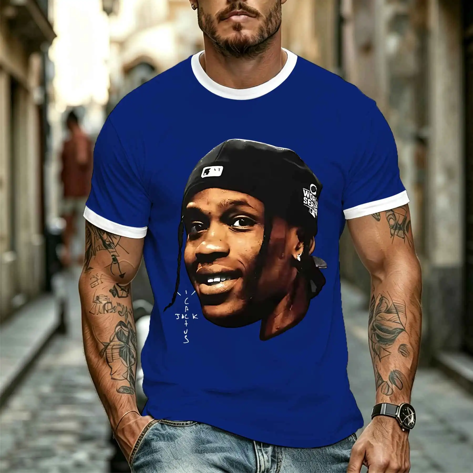 2026 new model Tee Stylish Comfortable Men's Street Hip-Hop Style Travis Portrait Print Loose Casual Crewneck T-Shirt Tee for Da