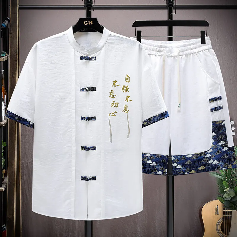 Conjuntos de verano 2025, camisa de manga corta con estampado de moda para hombre, pantalones cortos, conjunto suelto de estilo chino de dos piezas para hombre, conjuntos cortos para hombre