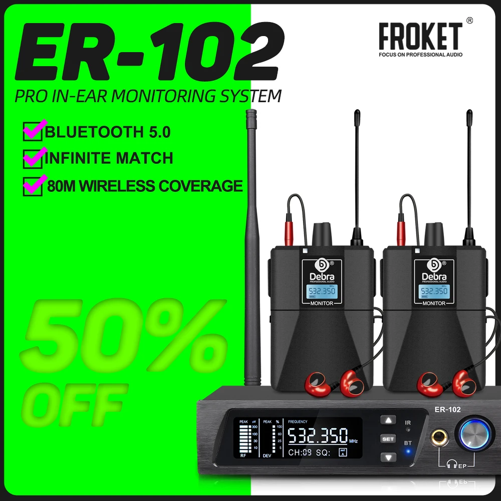 Stage Monitor In-Ear Monitoring System UHF Wireless  ER102 80M Stable Effective Distance Bluetooth 5.0 For Recording,Band