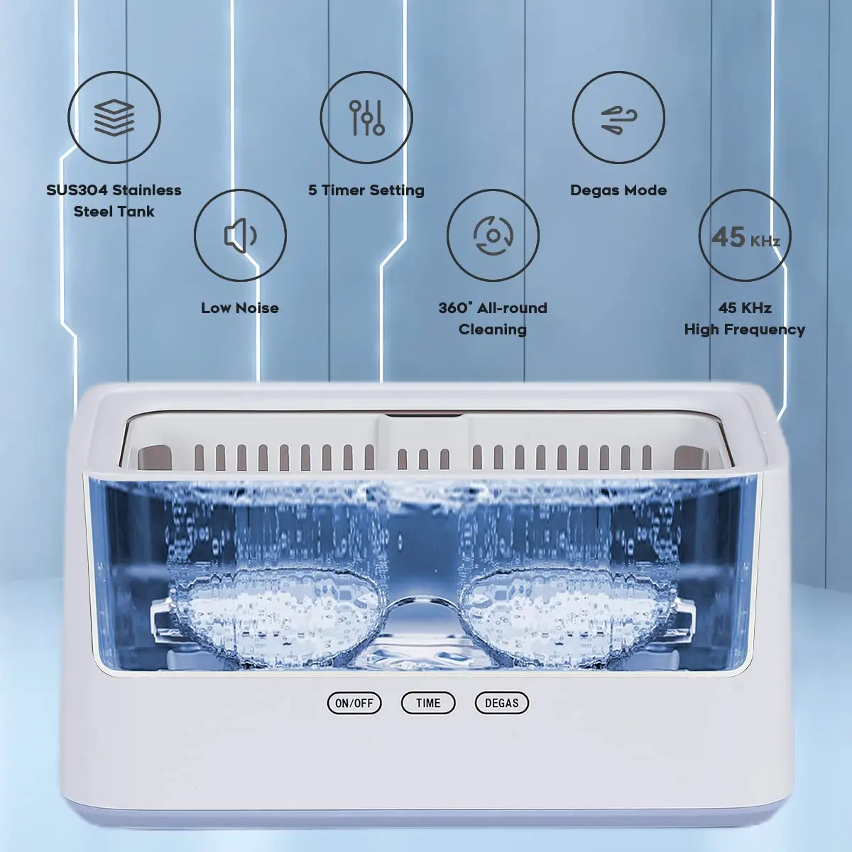 Sonic Jewelry Cleaner 1000mL with 5 Modes & Degassing for Rings, Earrings, Glasses, Coins - Blue