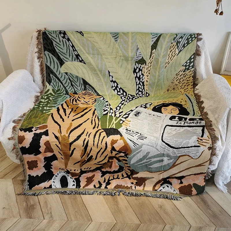 Ins Cartoon Tiger and Girl Abstract Knitted Tassel Bed Sofa Cover Camping Picnic Wall Hanging Tapestry Home Decorations