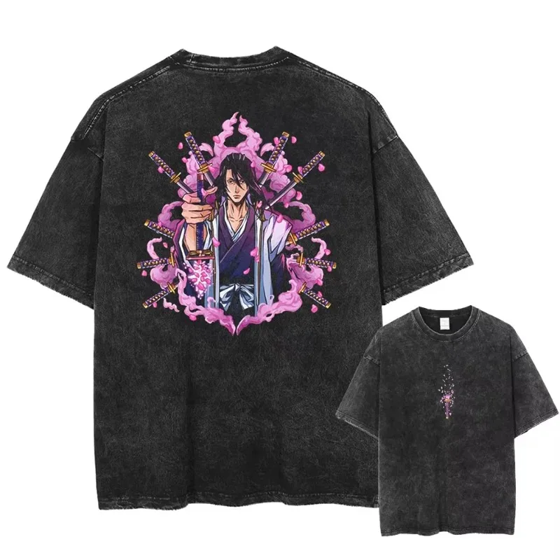 Japan Anime BLEACH Grimmjow Jaegerjaque Printed Washed T-shirt Satoru Gojo Unisex High Quality Oversized T-shirt High-end Luxury