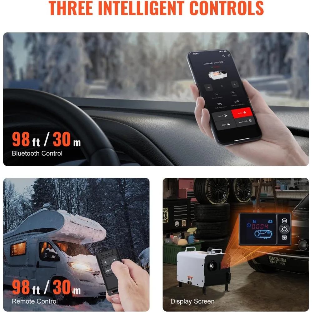 سخان ديزل Happybuy 8KW، سخان هواء ديزل عالمي 12 فولت/24 فولت، يتميز بتحكم تطبيق بلوتوث، وجهاز تحكم عن بعد وشاشة عرض