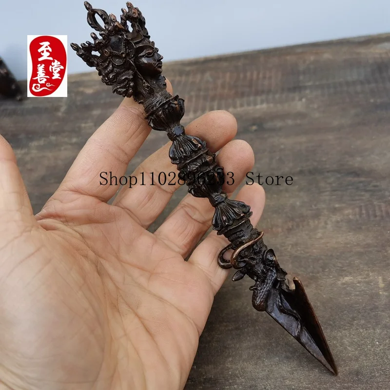 Antique-style bronze alloy decorative piece for living room, featuring a three-sided Buddha and Vajra, with an aged patina3*20CM