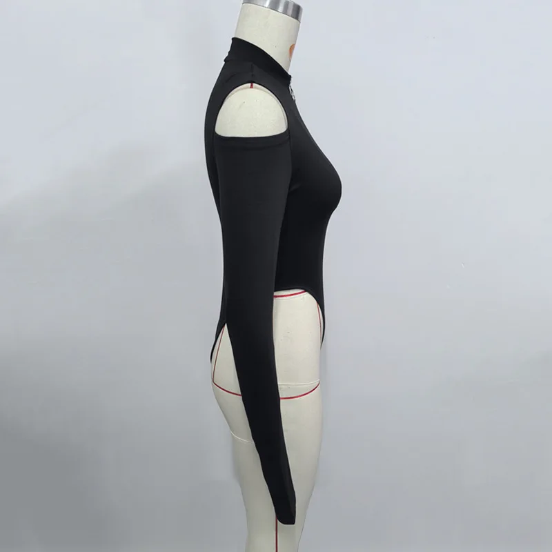 BKLD 블랙 바디수트 가을 겨울 2026 여성용 새로운 패션 클럽 의상 지퍼 오프 숄더 긴팔 바디수트 원피스