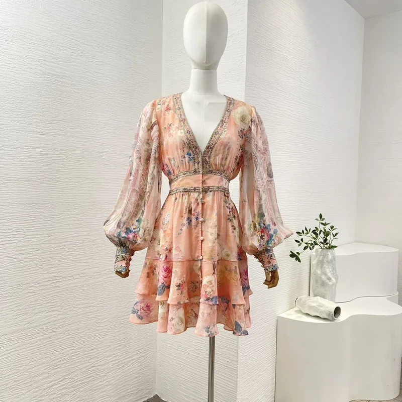 2024 New Collection high quality silk orange pink long sleeve diamonds V-neck beach style Women mini dress for holiday