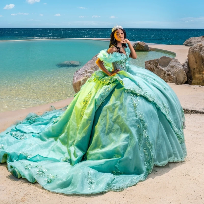 

Aqua Blue Shiny Ball Gown Quinceanera Dresses Applique Flower Beading Crystal Tull Corset Off Shoulder Sweet 16 Dress Vestidos