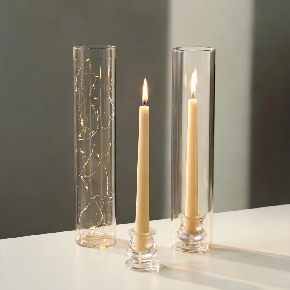 

Taper Candlestick Glass Holders Set Hurricane Tall Cylinder Cover Clear Stand Windproof Design for Modern Home Table Decoration