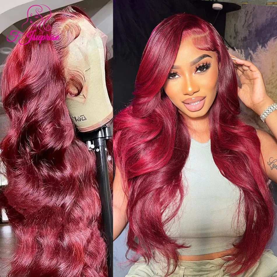 HD 13x6 99j Burgundy Lace Front Human Hair Wigs For Women 13x4 Red Colored Human Hair Wig Body Wave Transparent Lace Frontal Wig